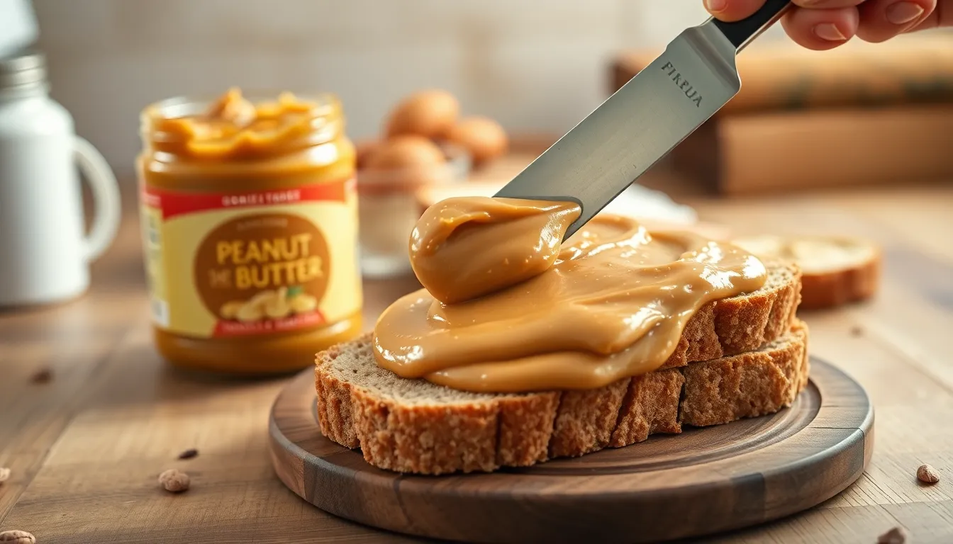 Peanut butter being spread on whole grain bread with a knife close up.