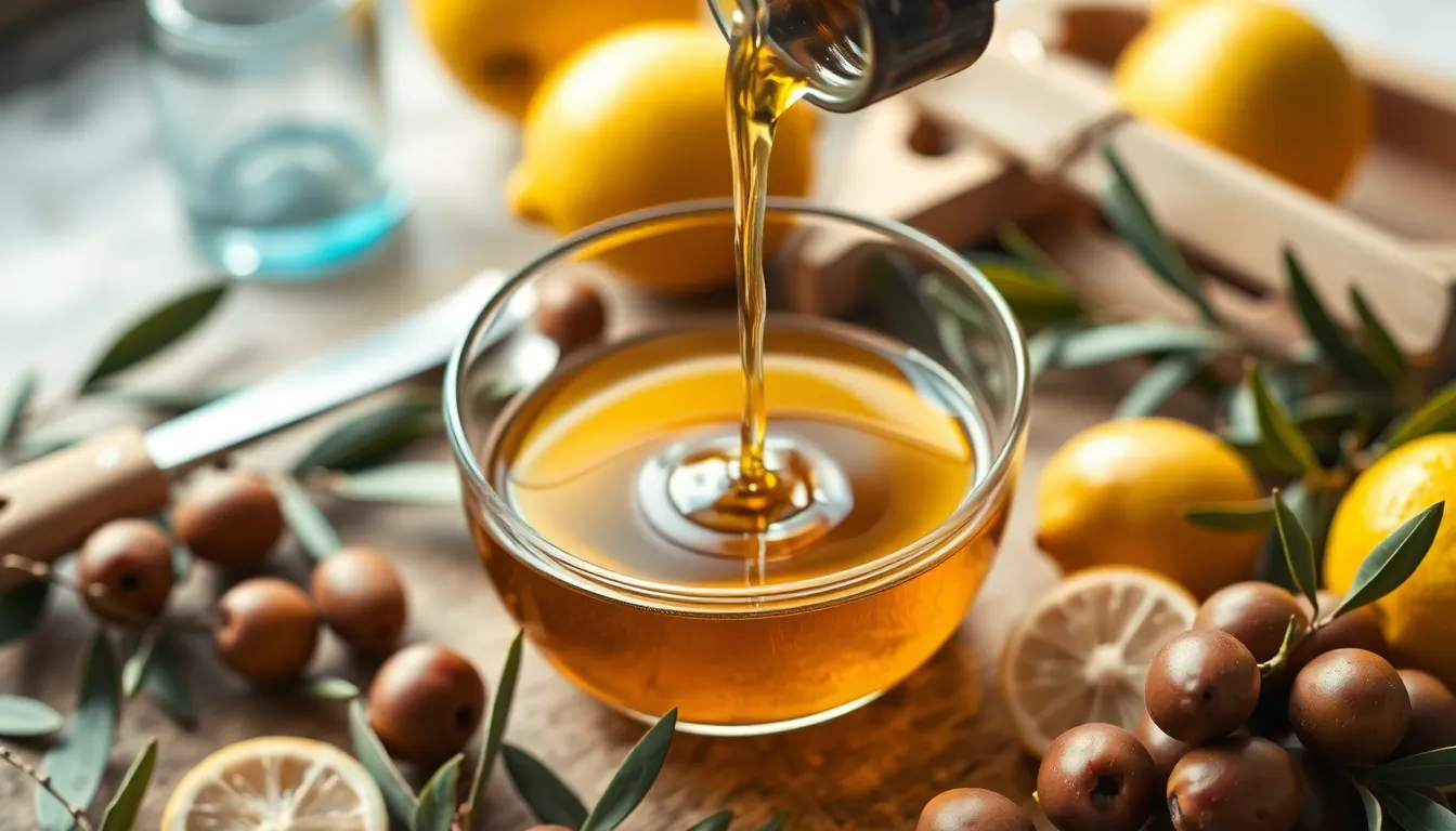 Olive oil and healthy cooking ingredients on table