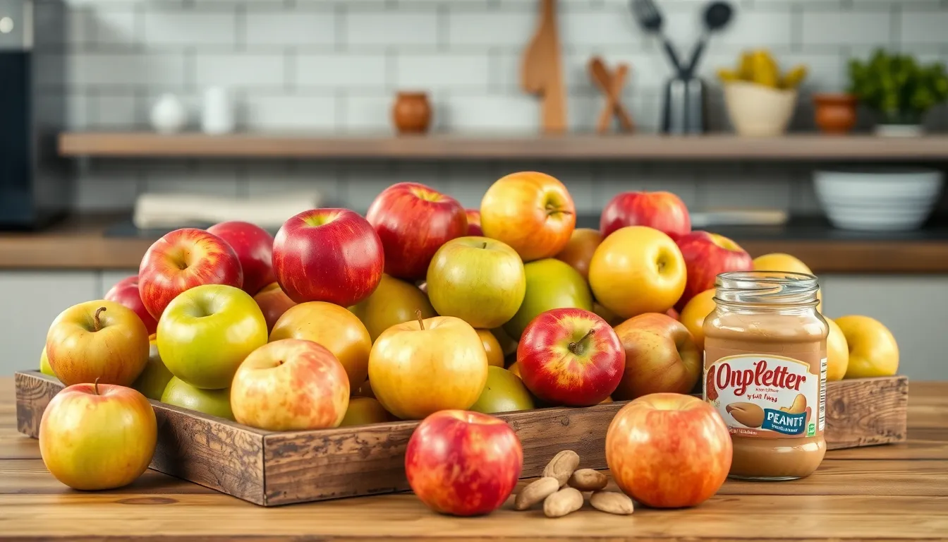 Variety of fresh apples including red, green and yellow types on a wooden market stand.