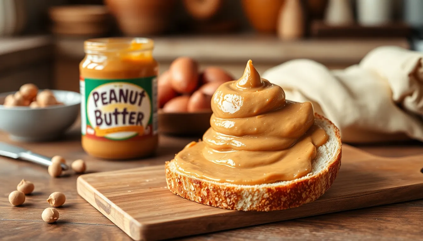 Natural peanut butter in an open jar showing oil separation on top.