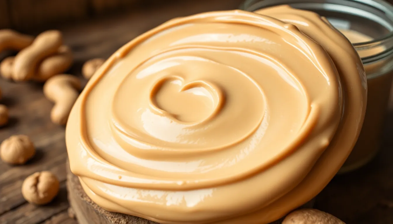 Smooth and creamy peanut butter texture with swirls, perfect for food and culinary themes.
