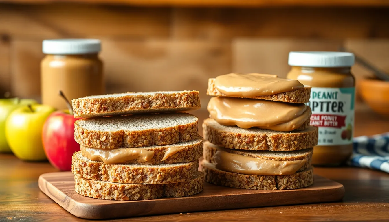 Stack of whole grain bread with peanut butter accompanied by apples.