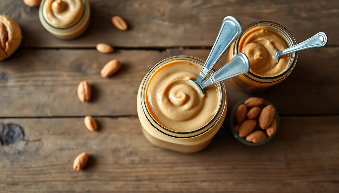Top view of natural nut butters in jars with spoons on wooden surface.